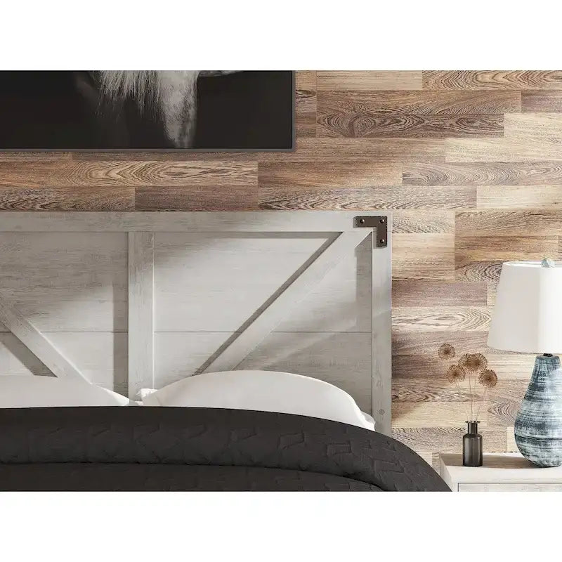 Tête de lit en bois à panneau style ferme, motif croix de Saint-André, gris – Lit double/grand lit