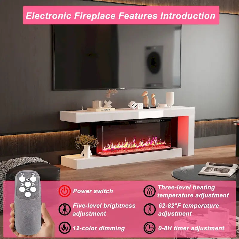 Meuble TV avec cheminée électrique élégante : Fonctionnement télécommandé et chauffage réglable pour plus de confort