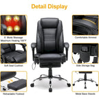 Fauteuil de bureau ergonomique chauffant de direction avec massage 2/4/6 points, repose-pieds rétractable et cuir PU