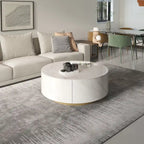 Table basse ronde moderne avec plateau en marbre, base en métal et 2 tiroirs
