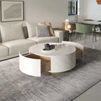 Table basse ronde moderne avec plateau en marbre, base en métal et 2 tiroirs
