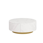 Table basse ronde moderne avec plateau en marbre, base en métal et 2 tiroirs