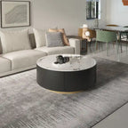 Table basse ronde moderne avec plateau en marbre, base en métal et 2 tiroirs