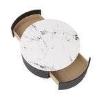 Table basse ronde moderne avec plateau en marbre, base en métal et 2 tiroirs