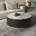 Table basse ronde moderne avec plateau en marbre, base en métal et 2 tiroirs