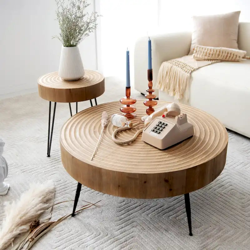 Ensemble de 2 tables basses rustiques avec étagère pour salon