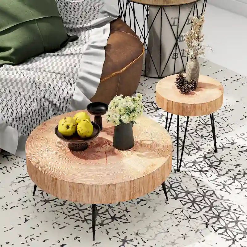 Ensemble de 2 tables basses rustiques avec étagère pour salon