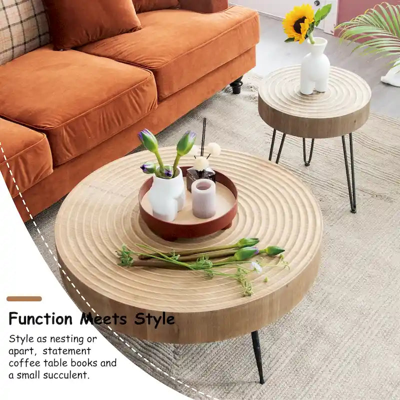 Ensemble de 2 tables basses rustiques avec étagère pour salon