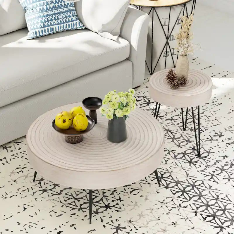 Ensemble de 2 tables basses rustiques avec étagère pour salon