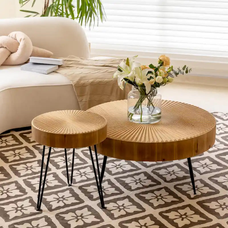 Ensemble de 2 tables basses rustiques avec étagère pour salon