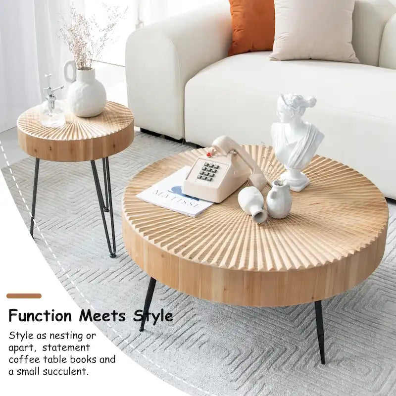 Ensemble de 2 tables basses rustiques avec étagère pour salon