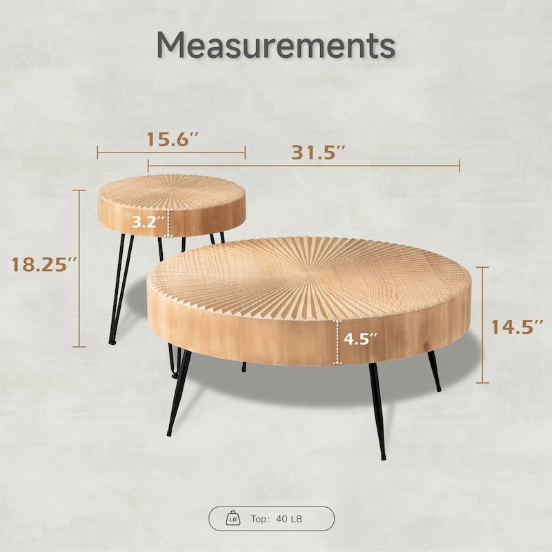 Ensemble de 2 tables basses rustiques avec étagère pour salon