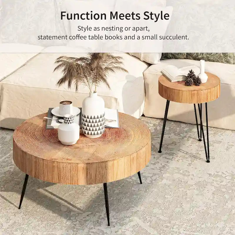 Ensemble de 2 tables basses rustiques avec étagère pour salon