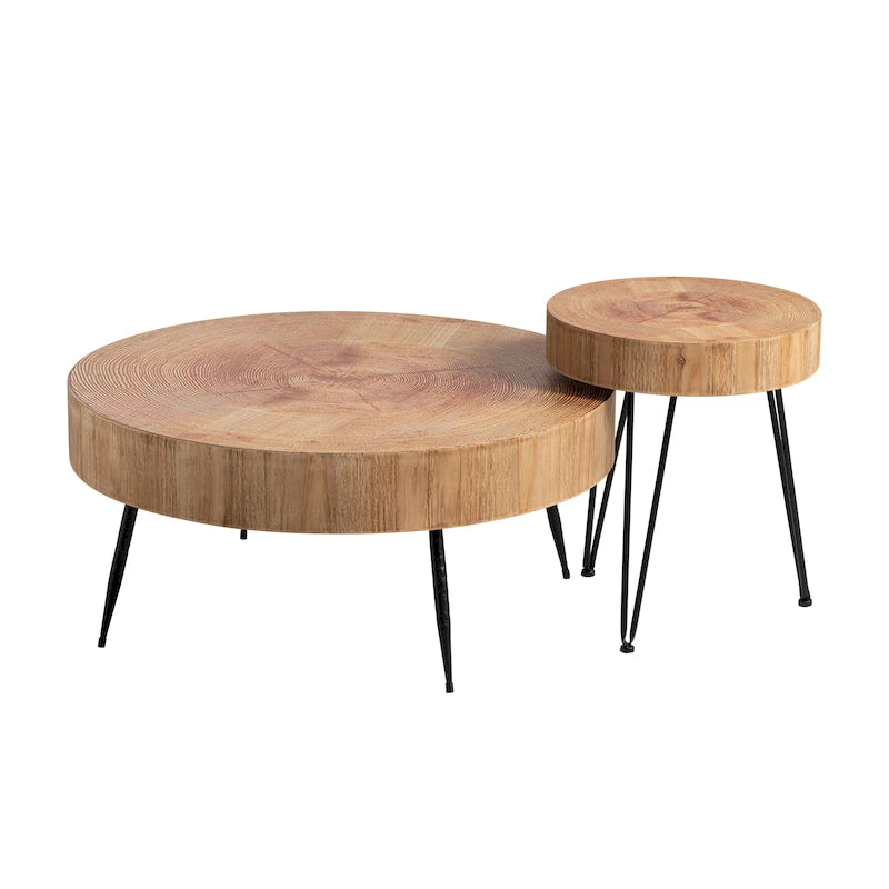 Ensemble de 2 tables basses rustiques avec étagère pour salon