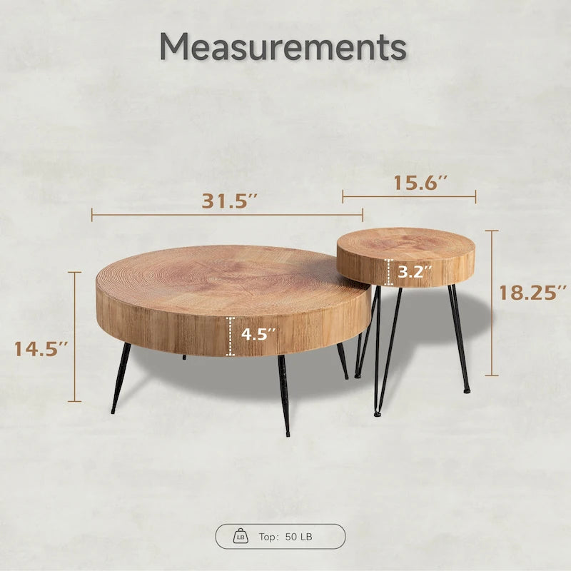 Ensemble de 2 tables basses rustiques avec étagère pour salon