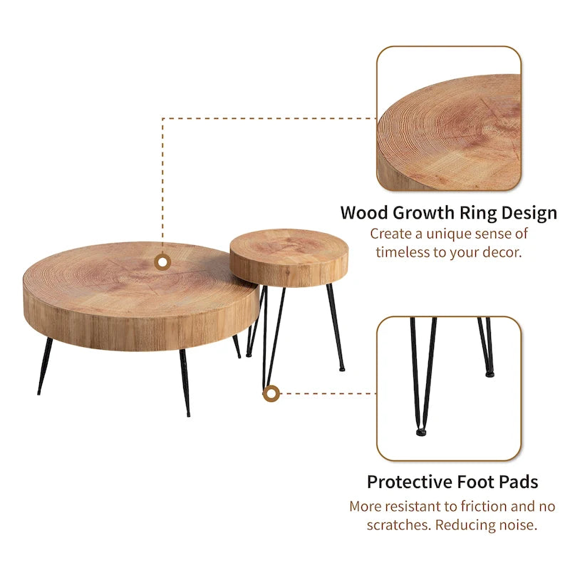 Ensemble de 2 tables basses rustiques avec étagère pour salon