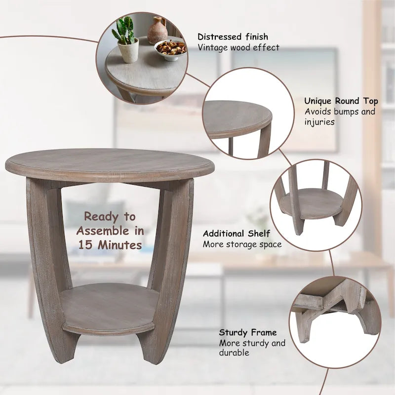 Table d'appoint de style rustique avec étagère ouverte pour salon et chambre