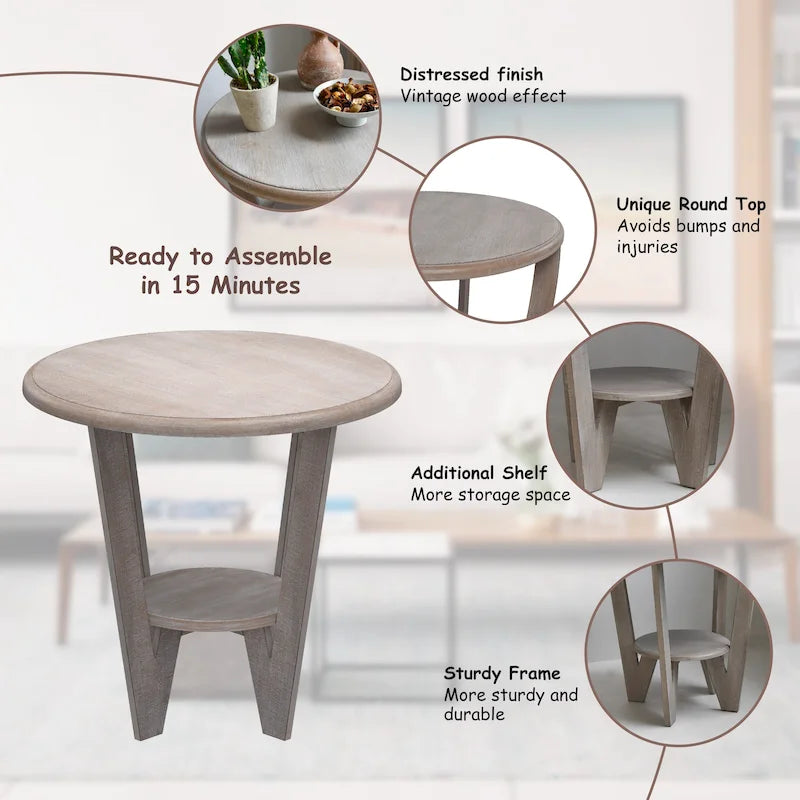 Table d'appoint de style rustique avec étagère ouverte pour salon et chambre