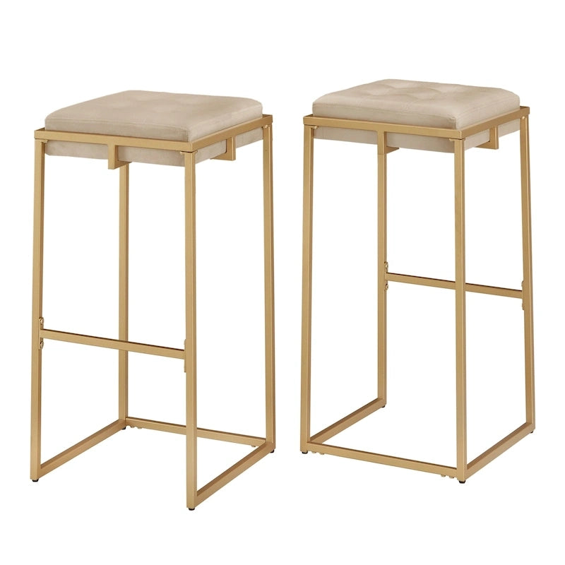 Lot de 2 tabourets de bar en velours touffeté avec boutons, finition dorée – Style glamour