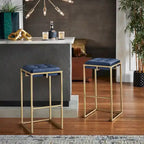Lot de 2 tabourets de bar en velours touffeté avec boutons, finition dorée – Style glamour