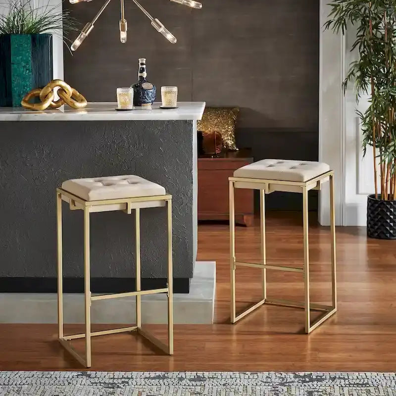 Lot de 2 tabourets de bar en velours touffeté avec boutons, finition dorée – Style glamour
