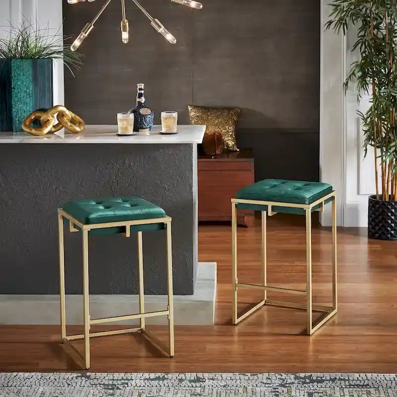 Lot de 2 tabourets de bar en velours touffeté avec boutons, finition dorée – Style glamour
