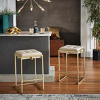 Lot de 2 tabourets de bar en velours touffeté avec boutons, finition dorée – Style glamour