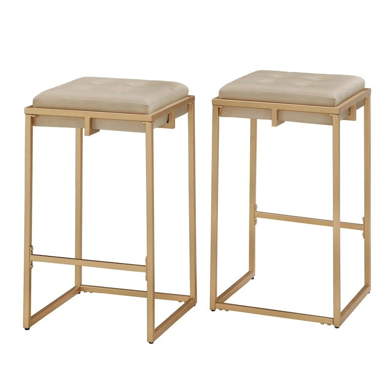 Lot de 2 tabourets de bar en velours touffeté avec boutons, finition dorée – Style glamour