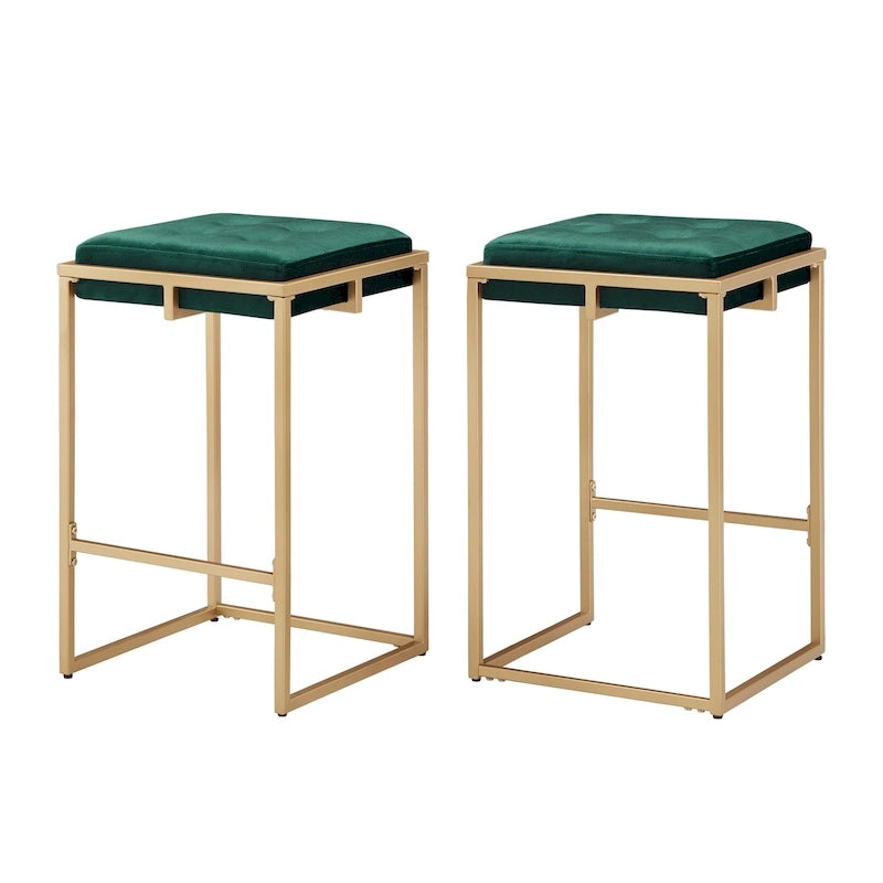 Lot de 2 tabourets de bar en velours touffeté avec boutons, finition dorée – Style glamour