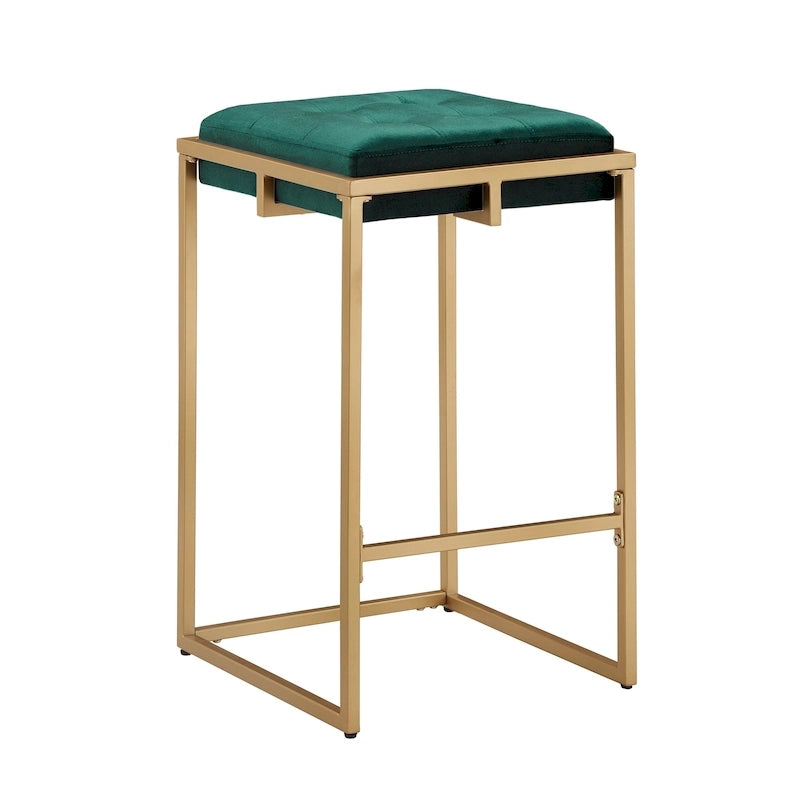Lot de 2 tabourets de bar en velours touffeté avec boutons, finition dorée – Style glamour