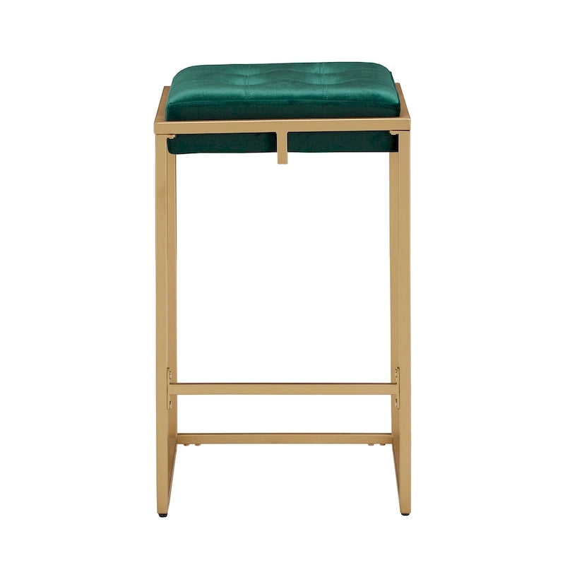 Lot de 2 tabourets de bar en velours touffeté avec boutons, finition dorée – Style glamour