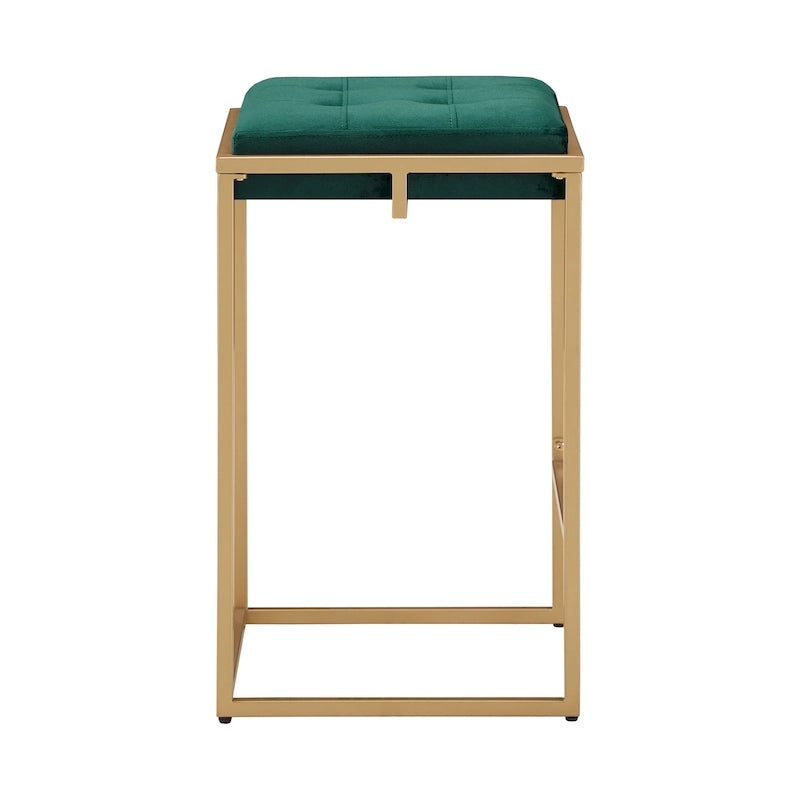 Lot de 2 tabourets de bar en velours touffeté avec boutons, finition dorée – Style glamour