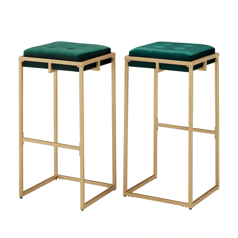 Lot de 2 tabourets de bar en velours touffeté avec boutons, finition dorée – Style glamour