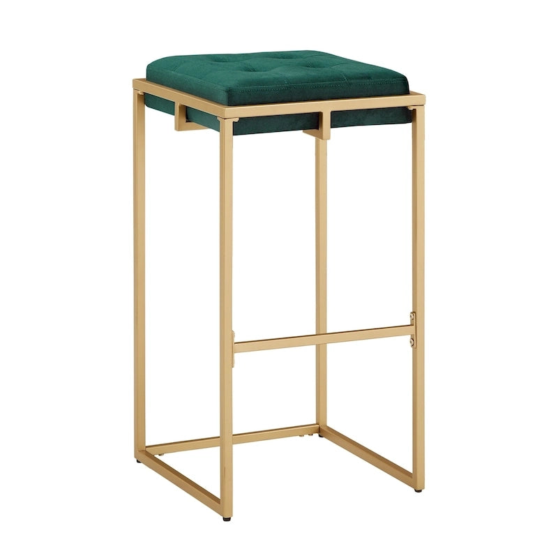 Lot de 2 tabourets de bar en velours touffeté avec boutons, finition dorée – Style glamour