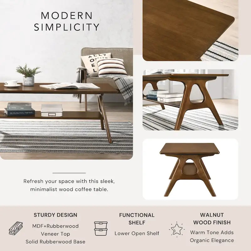 Table basse en bois Mid-Century Modern Arona avec étagère de Roundhill Furniture