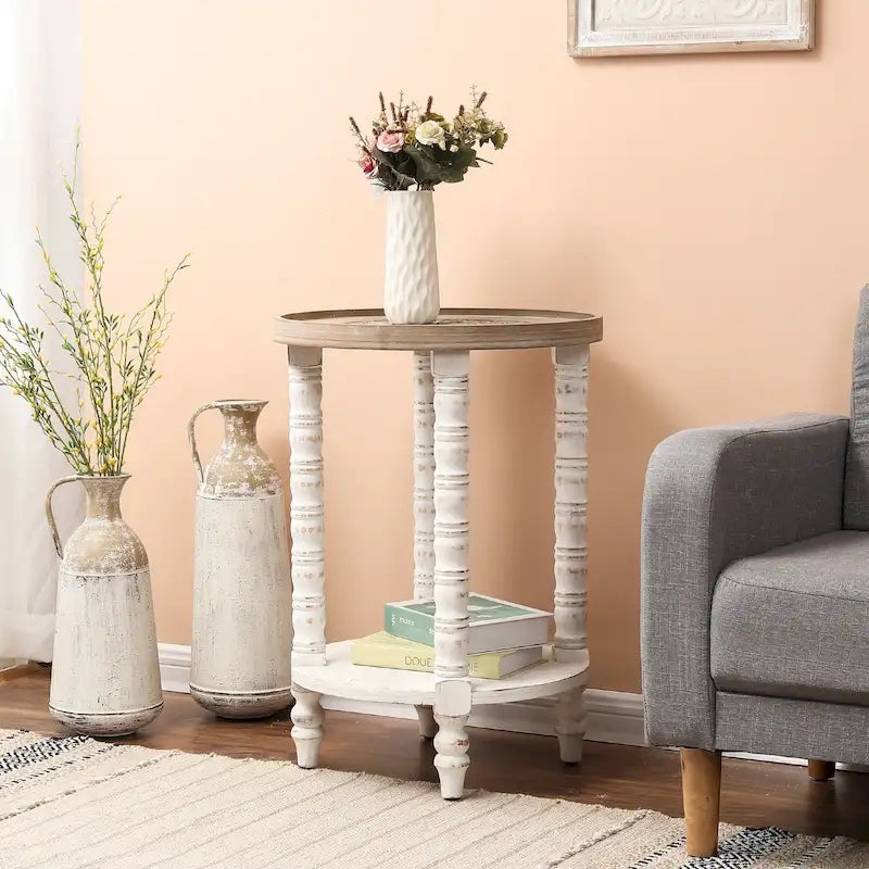The Gray Barn Dullahan Road Table d'appoint ronde avec rangement en bois naturel et blanc vieilli