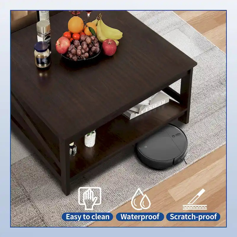 Table basse carrée à 2 niveaux avec étagère de rangement pour le centre du salon