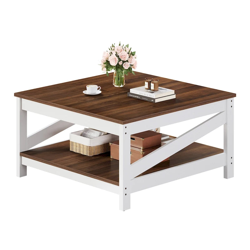 Table basse carrée à 2 niveaux avec étagère de rangement pour le centre du salon