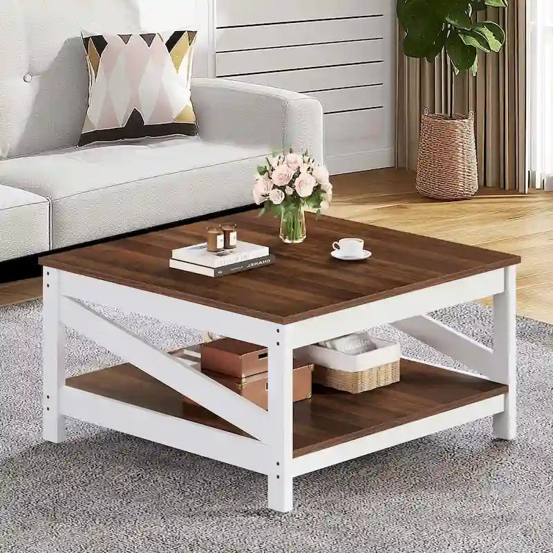Table basse carrée à 2 niveaux avec étagère de rangement pour le centre du salon