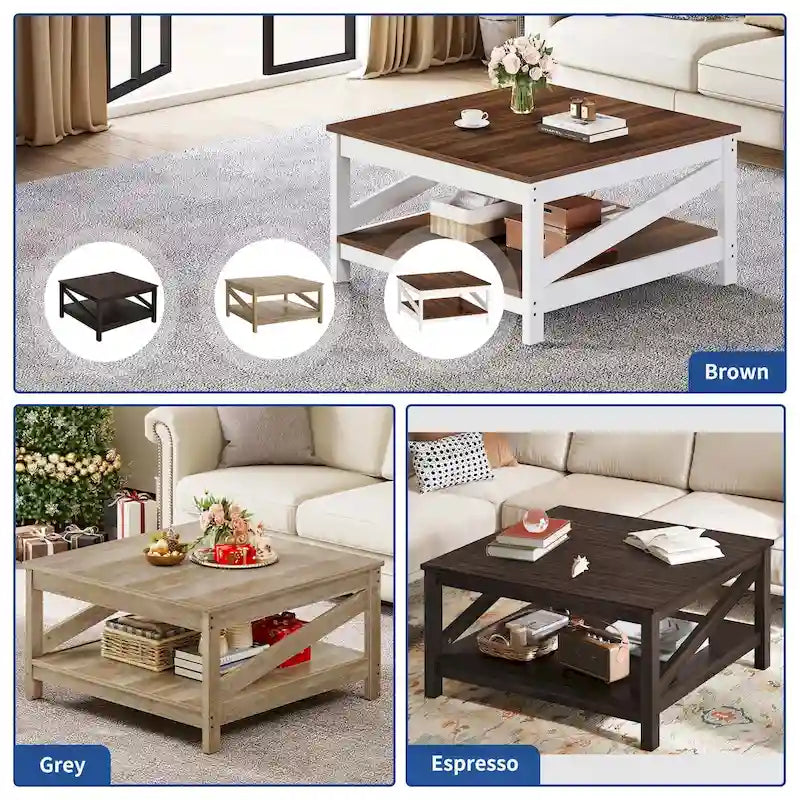 Table basse carrée à 2 niveaux avec étagère de rangement pour le centre du salon