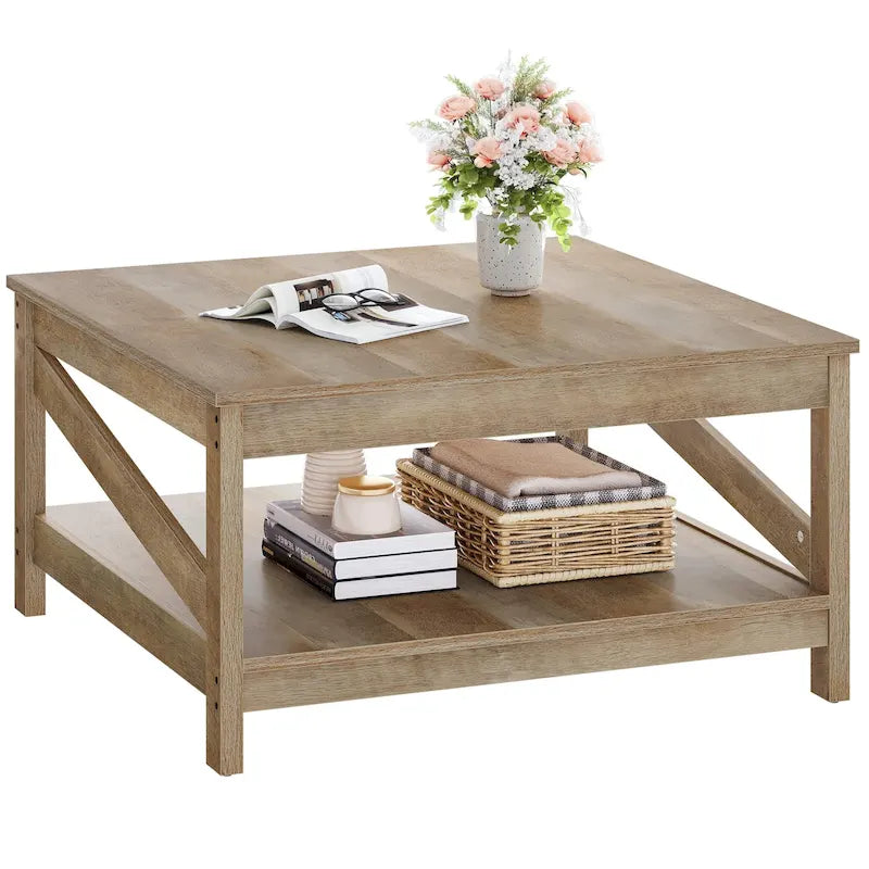 Table basse carrée à 2 niveaux avec étagère de rangement pour le centre du salon