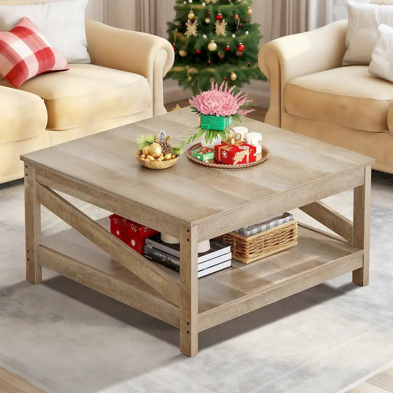 Table basse carrée à 2 niveaux avec étagère de rangement pour le centre du salon