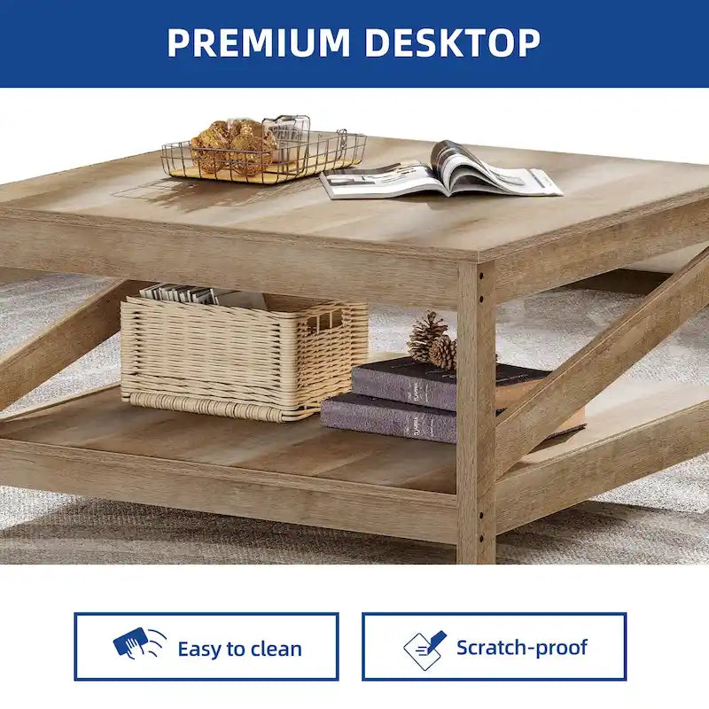 Table basse carrée à 2 niveaux avec étagère de rangement pour le centre du salon