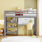 Lit mezzanine en bois avec étagères et bureau
