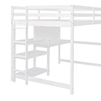 Lit mezzanine en bois avec étagères et bureau