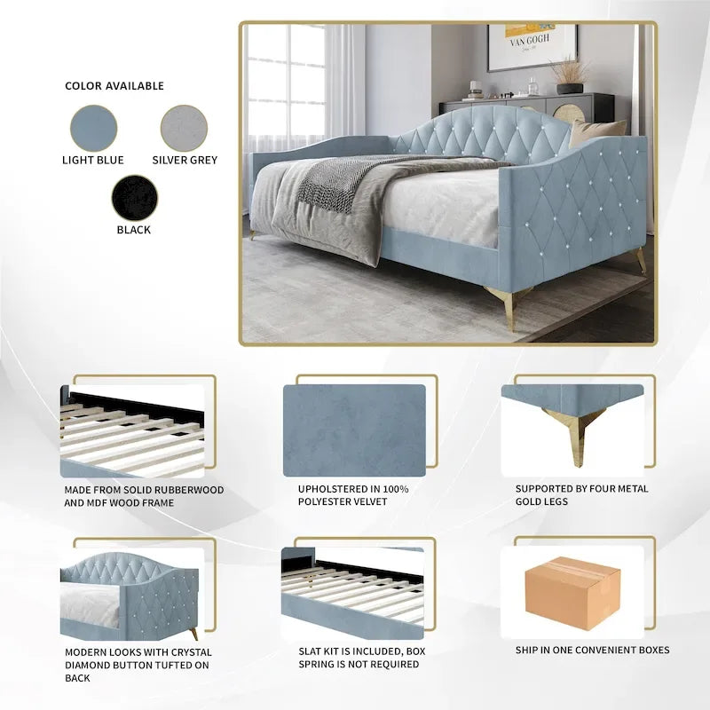 Lit de repos double rembourré avec capitonnage en cristal élégant – Style glamour