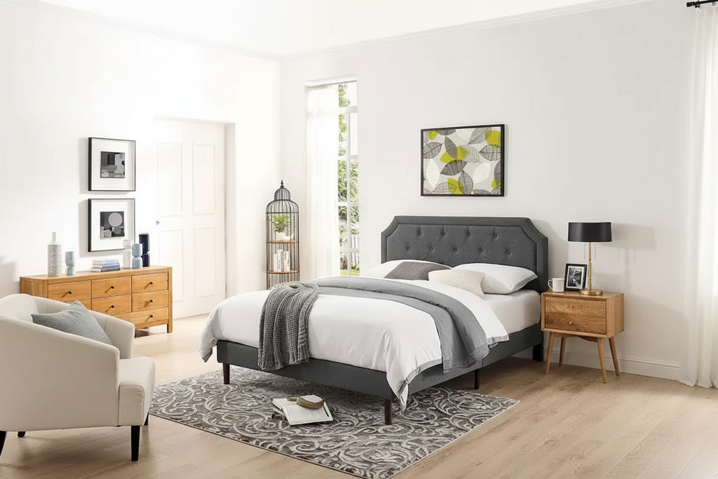 MUSEHOMEINC Tufted Upholstered Platform Bed Frame with Adjustable Height Headboard