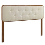 Tête de lit Glendale traditionnelle en tissu beige touffetée à boutons, taille grand lit, en bois de noyer