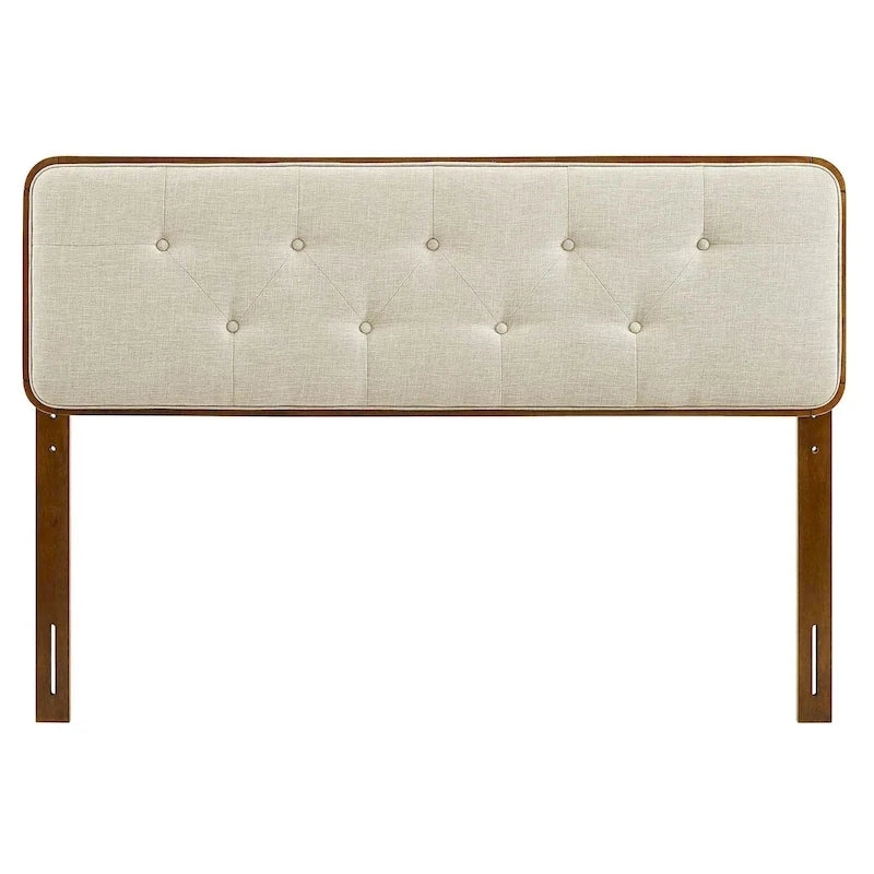 Tête de lit Glendale traditionnelle en tissu beige touffetée à boutons, taille grand lit, en bois de noyer