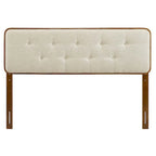 Tête de lit Glendale traditionnelle en tissu beige touffetée à boutons, taille grand lit, en bois de noyer